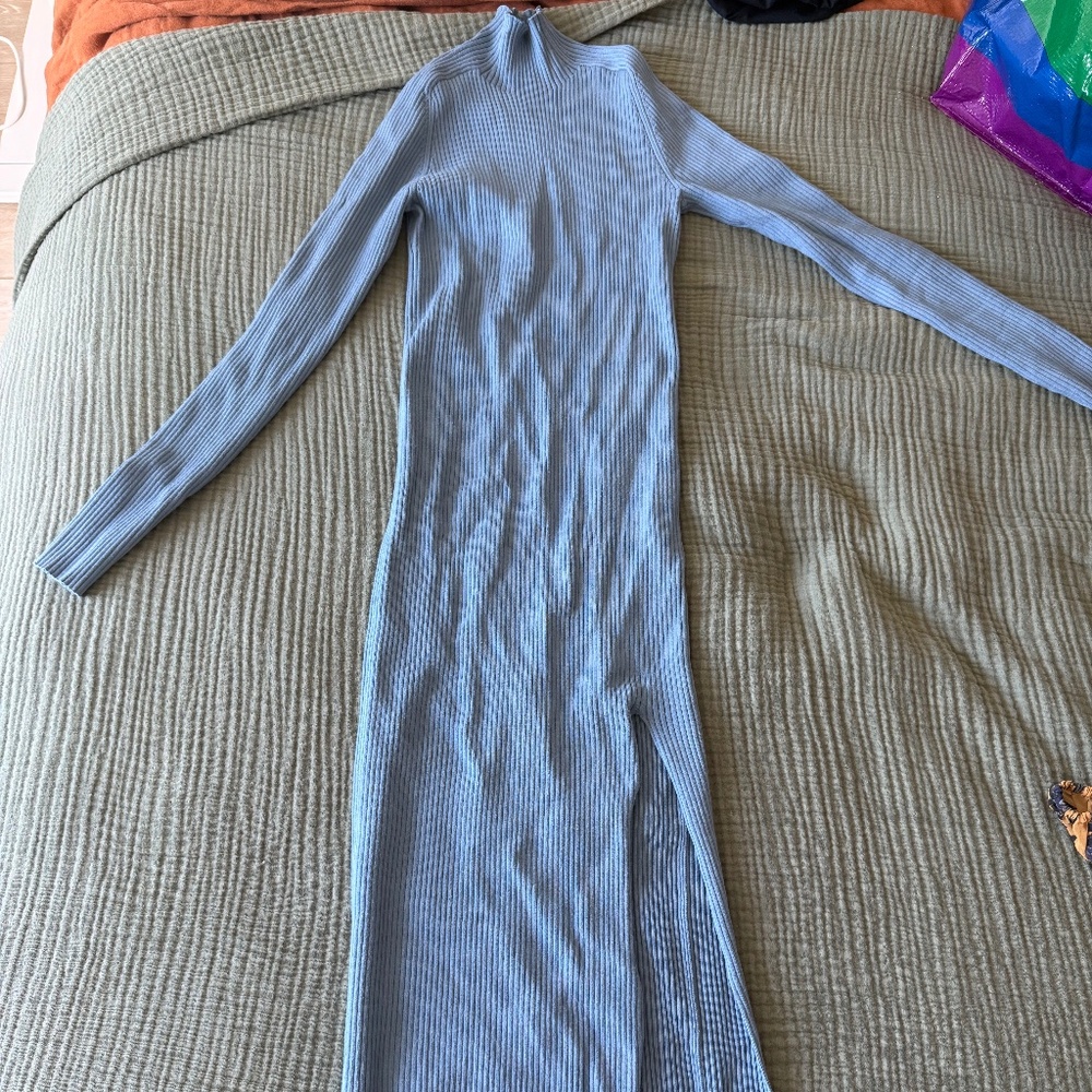 Aritzia Wilfred Ribbed Turtleneck Midi Dress Blue Fitted Bodycon Side Slit XS